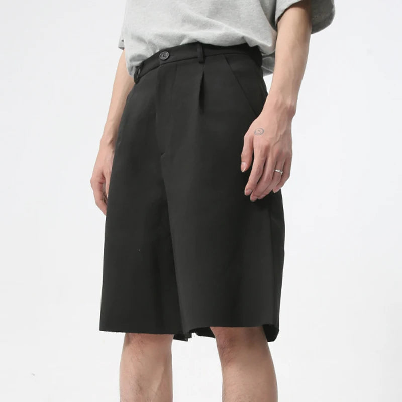 Summer Trendy Male Shorts Solid Color Loose Minimalist Draping Straight Business Casual Knee Length Pants 9C6173