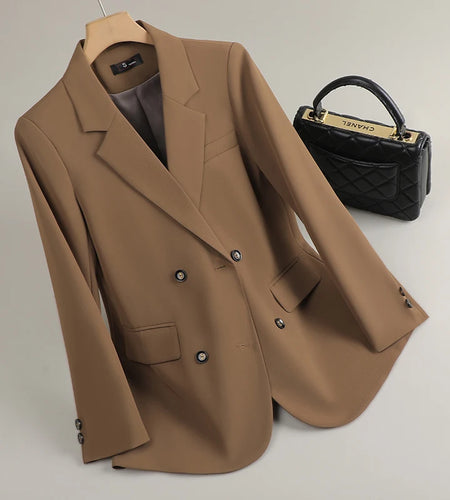 Korean Fashion Women's Black Brown Double Breasted Long Sleeve Blazer Coat 2025 Spring Autumn Rose Red Office Lady Festival Tops