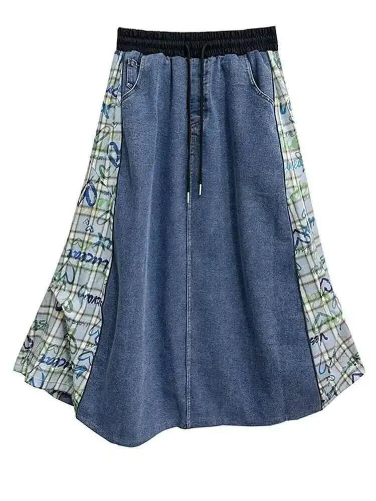 High Elastic Waist Green Pattern Printed Denim A-line Half-body Skirt Women Fashion Tide New Spring Autumn 2025 1DH8732