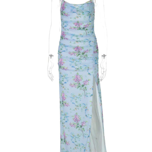 Load image into Gallery viewer, Sleeveless Print Spaghetti Strap Slash Neck Sexy Backless Thigh Split Maxi Dress Women Pleated Vacation Dress Summer
