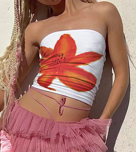 y2k Tube Top Women Aesthetic Flower Print Off Shoulder Strapless Sleeveless Bandeau Tanks 2000s Vest Party Streetwear