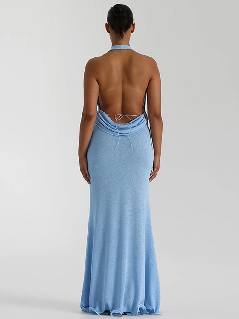 Halter Deep V Neck Backless Sexy Maxi Dress For Women Fashion Sleeveless High Waist Slim-fit Beach Club Party Dress