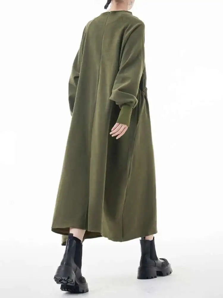 Women Army Green Big Size A-line Long Dress New Round Neck Long Sleeve Loose Fashion Tide Spring Autumn 2025 1DH3874