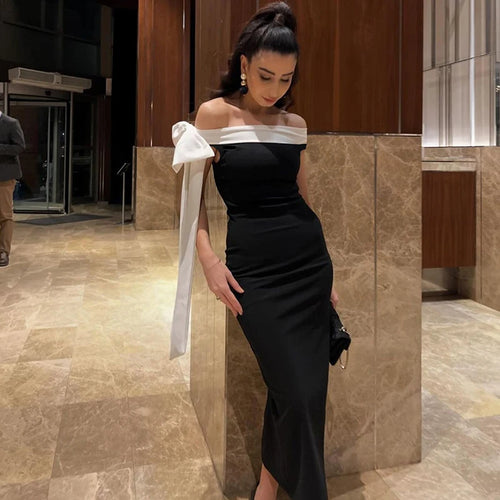 Load image into Gallery viewer, Sleeveless Ribbon Off-shoulder Solid Sexy Autumn Winter Maxi Dress For Women High Waist Bow Bodycon Party Long Dress
