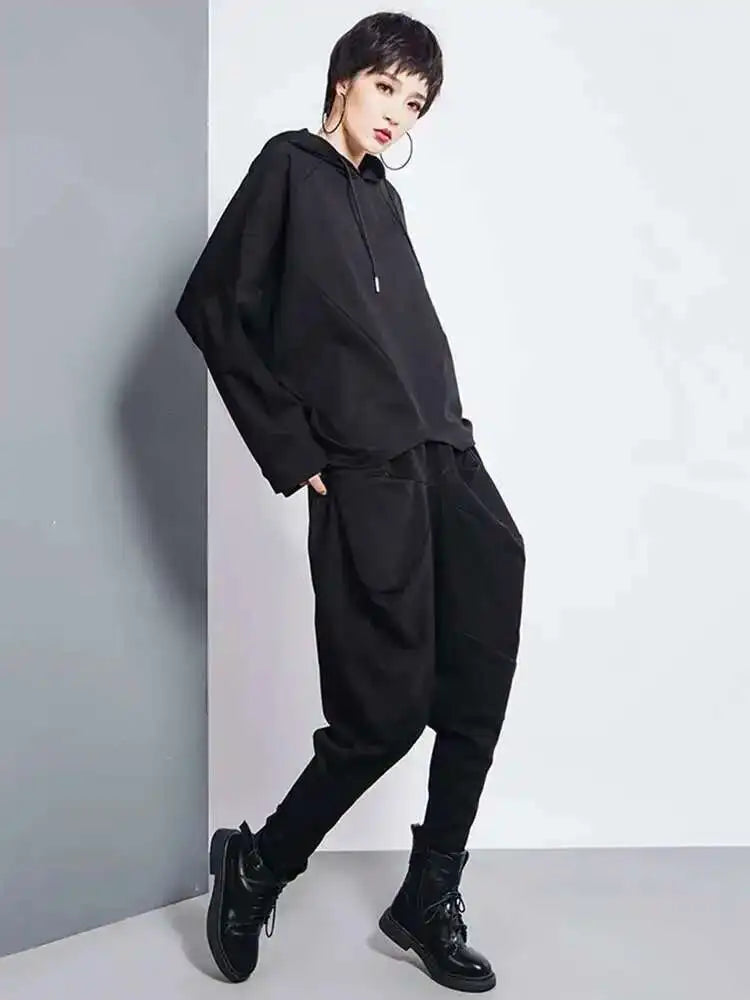 Black Irregular Hem Short Sweatshirt New Hooded Long Sleeve Women Big Size Fashion Tide Spring Autumn 2025 1DH7063
