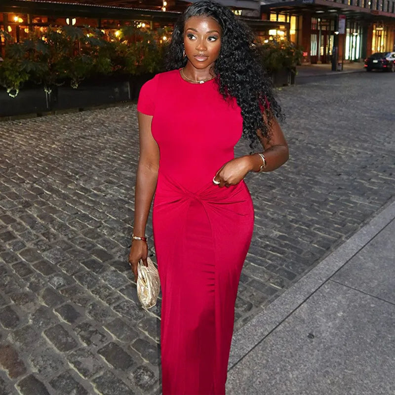 Short Sleeve Ruched Sexy Maxi Dress For Women Fashion Summer New Solid High Waist Slim Fit Elegant Long Dress Vestido