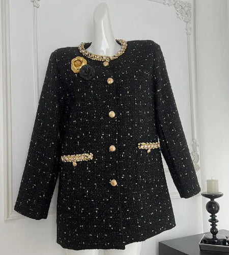 White Women New Black Patchwork Elegant Down Woolen Coat 2024 New French Vintage White Diamond Round Neck Single Breasted Jacket