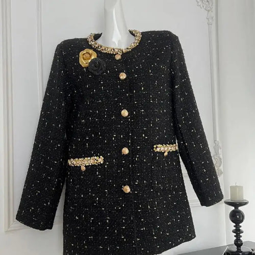 Load image into Gallery viewer, White Women New Black Patchwork Elegant Down Woolen Coat 2024 New French Vintage White Diamond Round Neck Single Breasted Jacket
