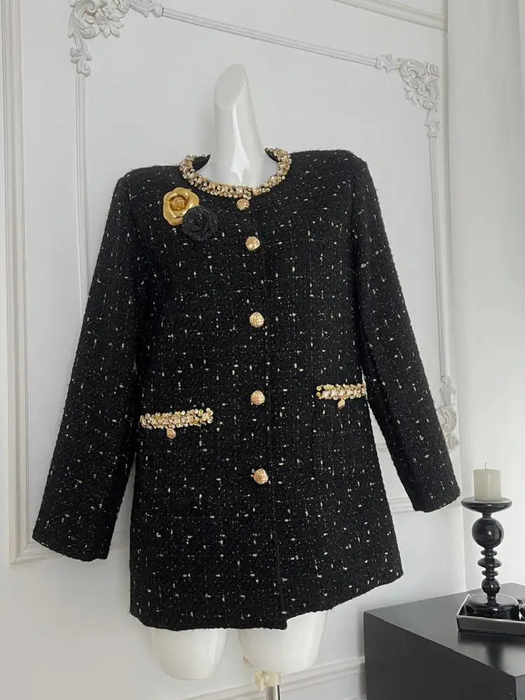 White Women New Black Patchwork Elegant Down Woolen Coat 2024 New French Vintage White Diamond Round Neck Single Breasted Jacket