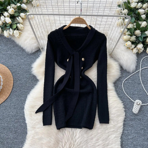 Load image into Gallery viewer, French Fashion Women Solid Elegant Button Bandage V Neck Short Dress Autumn Long Sleeves Knitted Sweater Mini Dress Trend Simple
