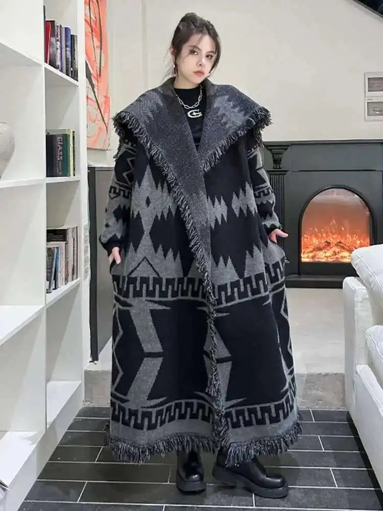 Black Big Size Knitting Long Thtick Cardigan Sweater Loose Lapel Long Sleeve Women New Fashion Spring Autumn 2025 1DH2277