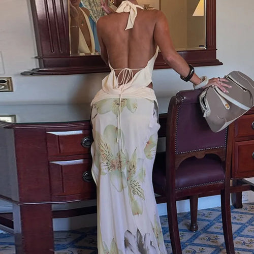 Load image into Gallery viewer, Mesh Print Skirt Two Piece Sets Women Halter Backless Tank Tops And Maxi Skirt Female Slim Summer Split Dress Sets
