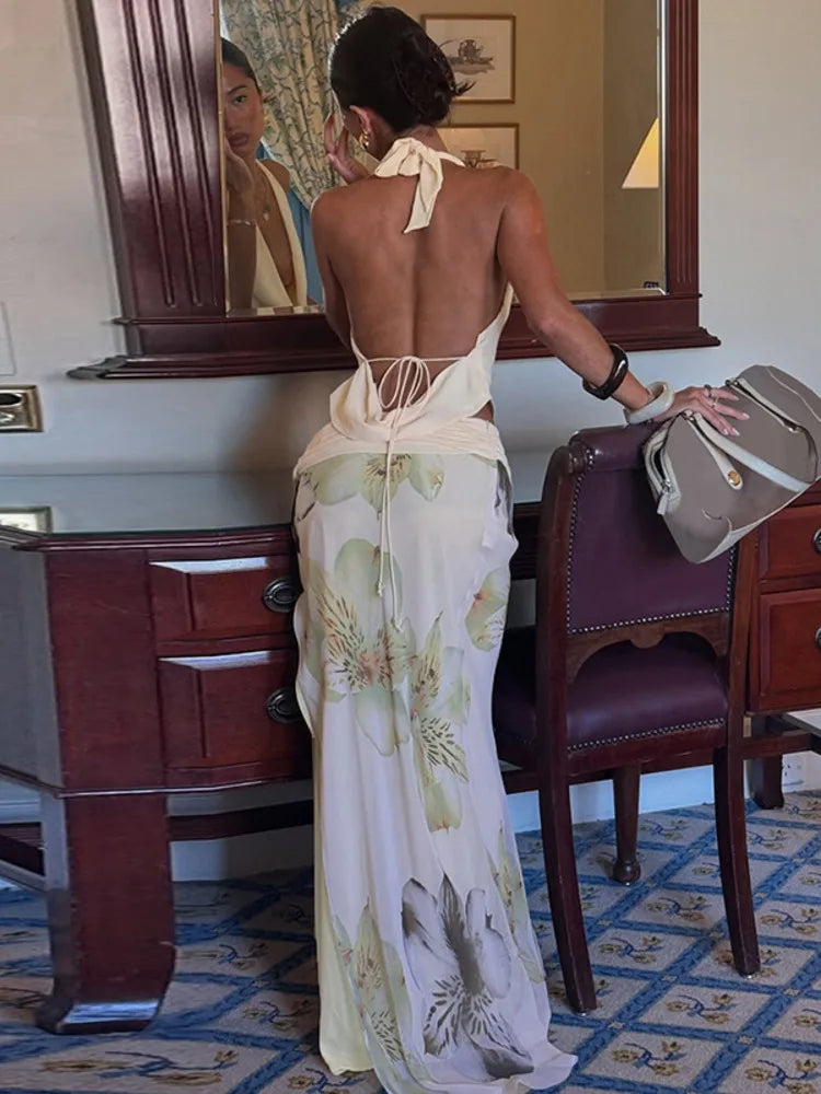 Mesh Print Skirt Two Piece Sets Women Halter Backless Tank Tops And Maxi Skirt Female Slim Summer Split Dress Sets