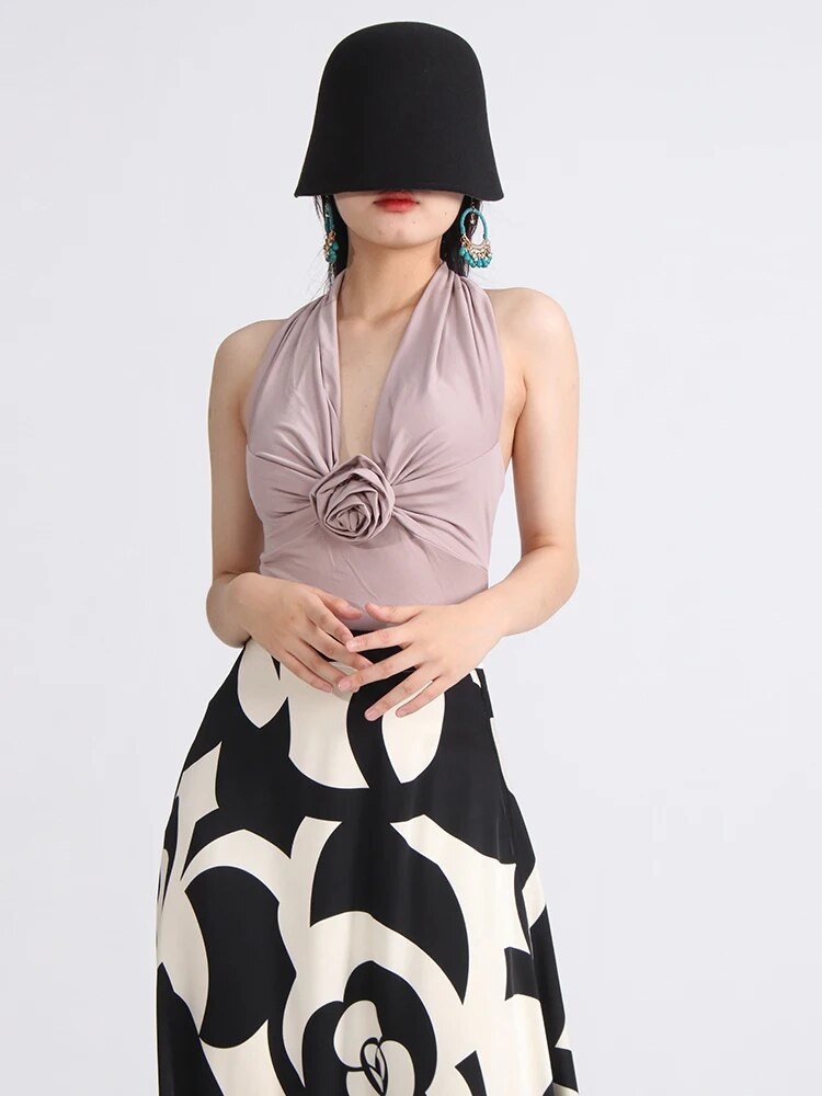 Solid Elegant Vests For Women Halter Sleeveless Backless Patchwork Floral Slimming Tank Tops Female Fashion Clothes