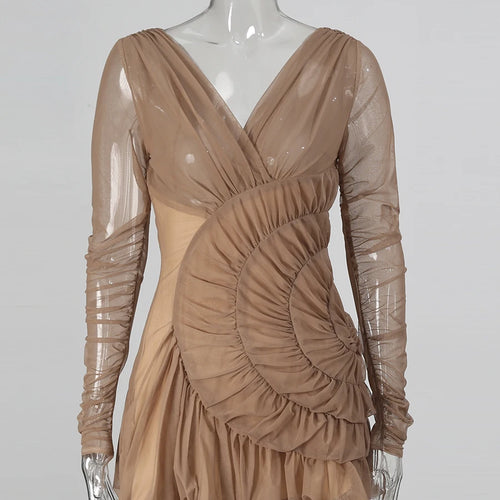 Load image into Gallery viewer, Slimming Sheer Spliced Crimping Sexy Mini Dresses for Women V Neck Long Sleeves Fashion Dress Female Clothing New
