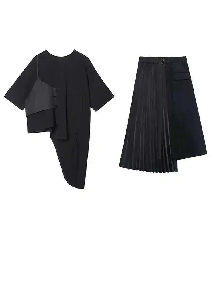 Black T-shirt Pleated Irregular Half-body Skirt Two Pieces Suit New Round Neck Women Fashion Spring Summer 2025 1DH5042