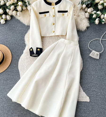 Autumn Vintage Elegant Two Piece Set Women Patchwork Round Neck Long Sleeve Button Tops And High Waist Pleated Midi Skirts Suits