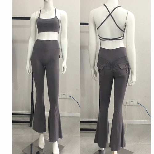 Load image into Gallery viewer, Nude Pocket Button Flare Leggings High Waist Wide Leg Yoga Pant Women Gym Fitness Sport Latin Dance Trousers Active Bottoms
