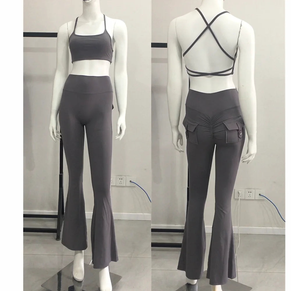 Nude Pocket Button Flare Leggings High Waist Wide Leg Yoga Pant Women Gym Fitness Sport Latin Dance Trousers Active Bottoms