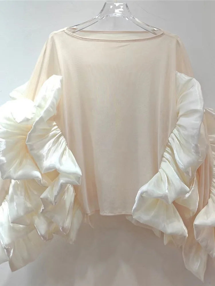 Women White Mesh Perspective Ruffles Big Size T-shirt New Round Neck Long Sleeve Fashion Tide Spring Autumn 2025 1DJ0036