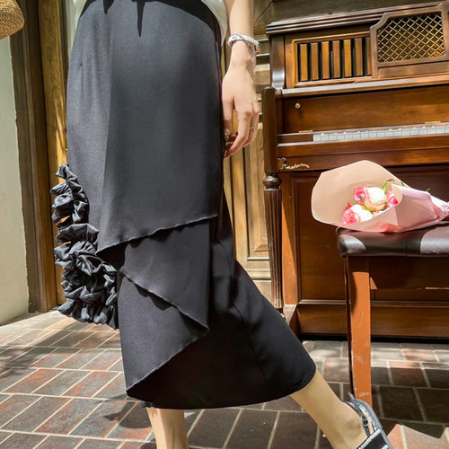 Load image into Gallery viewer, Soild Patchwork Ruched Skirts For Women High Waist A Line Slim Asymmetrical Casual Skirt Female Fashion Clothing
