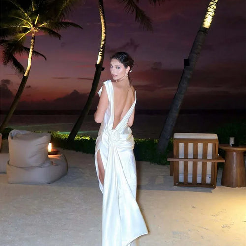 Load image into Gallery viewer, Satin Backless Sexy Maxi Dress For Women Elegant Rose Thigh High Split Beach Holiday Long Dress Gorgeous Club Gown
