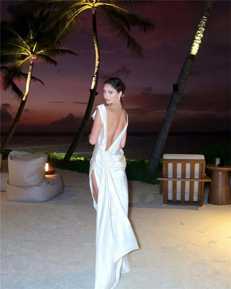 Satin Backless Sexy Maxi Dress For Women Elegant Rose Thigh High Split Beach Holiday Long Dress Gorgeous Club Gown