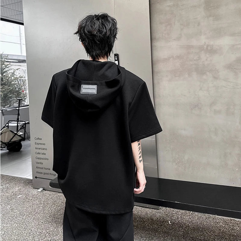 Men's  Hooded T-shirt Loose Zipper Decoration Design Casual Short Sleeve Pullover Male Top Summer Fashion 8W3134