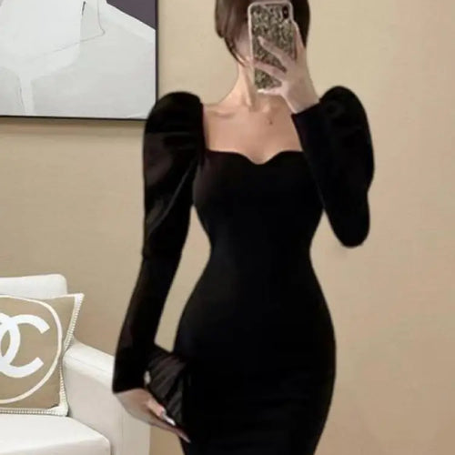 Load image into Gallery viewer, Korean Version Autumn Winter Black Square Neck Elegant Wrap Hip Dress Vintage Women Long Sleeves Knitted Fishtail Dress 2024 New
