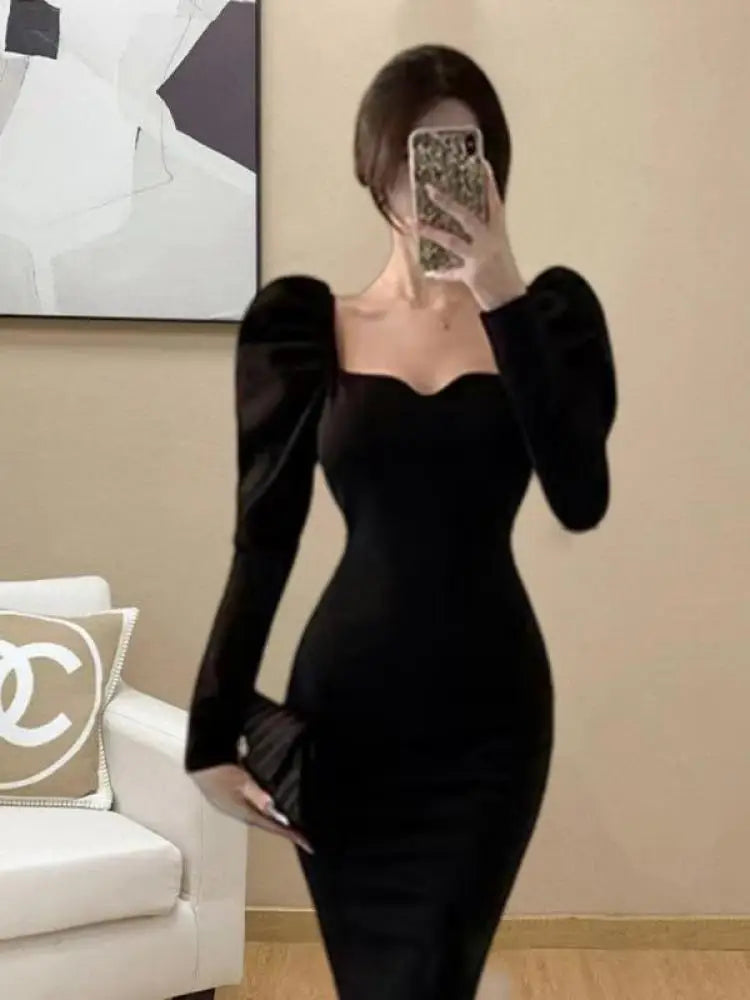 Korean Version Autumn Winter Black Square Neck Elegant Wrap Hip Dress Vintage Women Long Sleeves Knitted Fishtail Dress 2024 New