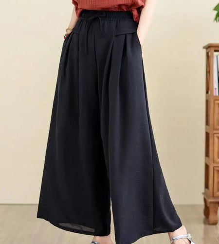 Spring Summer New Women's Black Casual Loose Elastic High Waist Lace-up Long Pants Women Brown Wide Leg Pleated Trousers Popular