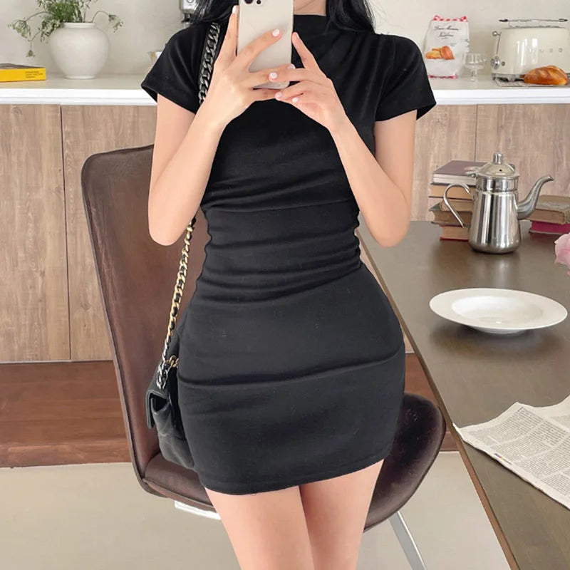 Casual Stand Collar Folds Bodycon Summer Dress Female Draped Korean Fashion Mini Dresses Slim Basic Skinny Sundress