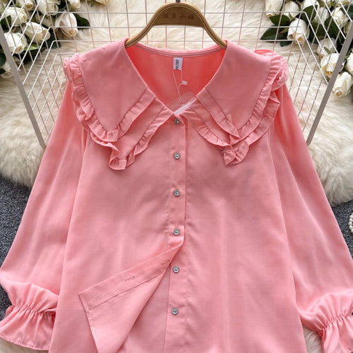 Load image into Gallery viewer, Autumn 2024 Vintage Women Sweet Solid Ruffles Shirts Fashion Ladies Long Sleeves Blouses Chic Single Breasted Tops Clothes Chic

