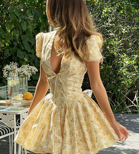 Floral Print V Neck Short Sleeve Lace Up Zip Up Sexy Slim Pleated Mini Dress Summer Elegant Outfits Party Vacation