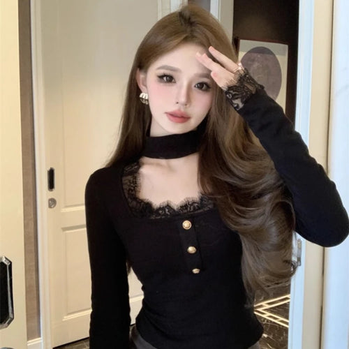 Load image into Gallery viewer, Patchwork Lace Elegant Sweet Tshirts Women Chic Sweet Y2k Slim Button Tees Square Collar Bottoming Vintage Long Sleeve Crop Top
