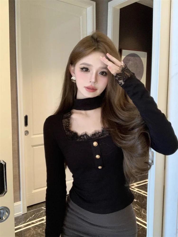 Patchwork Lace Elegant Sweet Tshirts Women Chic Sweet Y2k Slim Button Tees Square Collar Bottoming Vintage Long Sleeve Crop Top