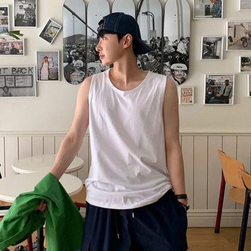 Men's Handsome Sports Vest New Summer Loose Round Neck Korean Pullover Trendy Solid Color Stylish Simple Male Top 9W1613