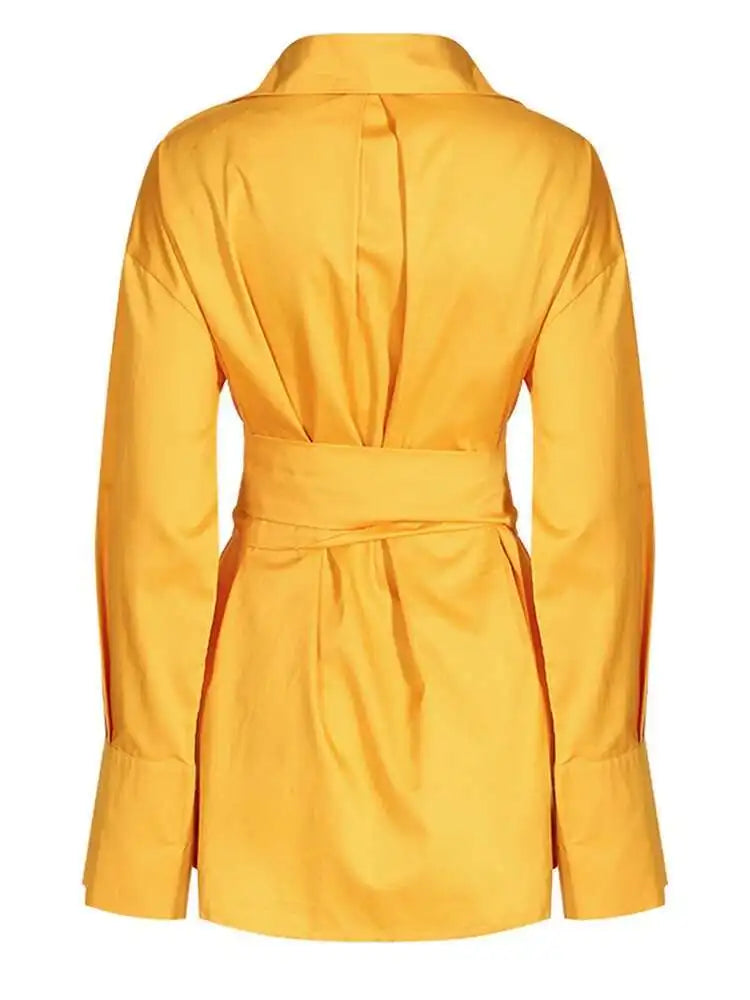 Women White Irregular Bandage Slit Shirt Dress New V-Neck Long Sleeve Loose Fit Fashion Tide Spring Autumn 2025 1DE9884