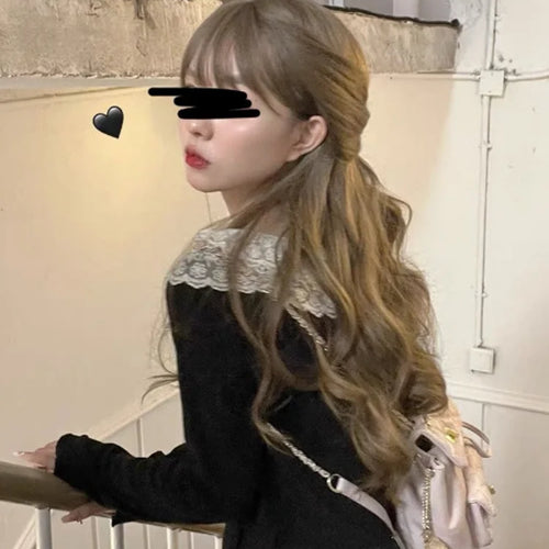 Load image into Gallery viewer, Y2k Aesthetic Lolita Lace O-Neck Womens Cardigan Long Sleeve Crop Tops Korean Style Bow Patchwork  Autumn Knitted
