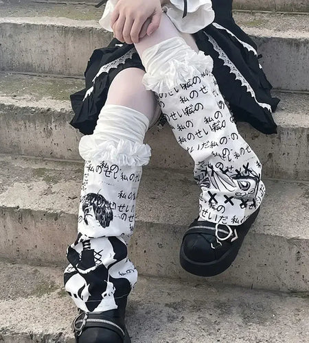 Japanese Gothic Lolita Letter Print Leg Warmer Y2K Women Girl Punk Leg Warmer Stockings Harajuku Ladies Foot Socks Leg Warmers