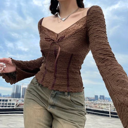 Load image into Gallery viewer, Square Neck Brown Frill Stitch Women T-shirt Slim Vintage Lace Trim Autumn Tee Corset Shirred Bow Fairycore Blouses
