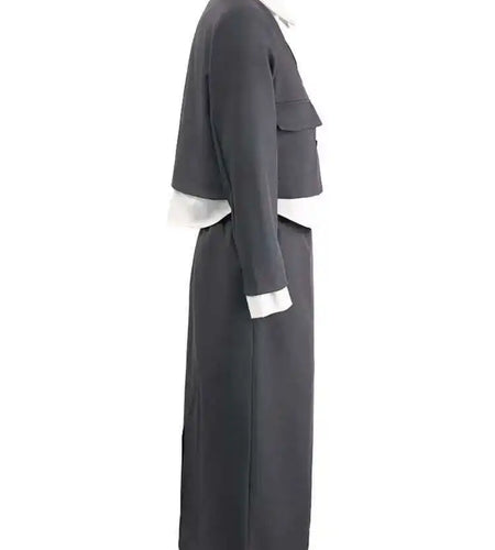 Gray Color-block Jacket Half-body Skirt Two Pieces Suit New Lapel Long Sleeve Women Fashion Spring Autumn 2025 CPG1298