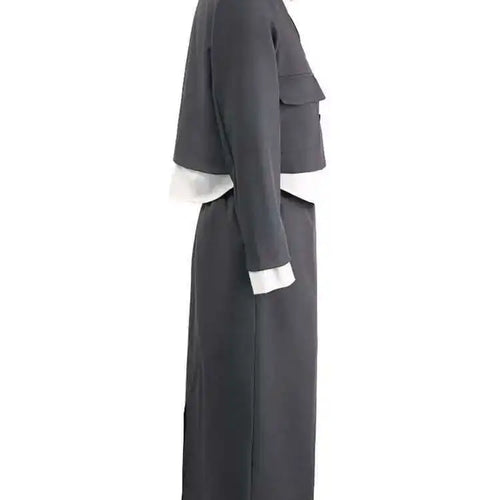 Load image into Gallery viewer, Gray Color-block Jacket Half-body Skirt Two Pieces Suit New Lapel Long Sleeve Women Fashion Spring Autumn 2025 CPG1298
