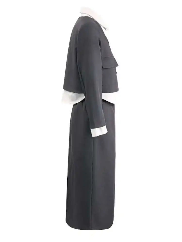 Gray Color-block Jacket Half-body Skirt Two Pieces Suit New Lapel Long Sleeve Women Fashion Spring Autumn 2025 CPG1298