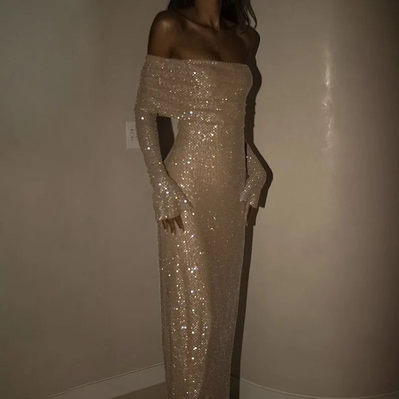 Elegant Strapless Sparkle Maxi Dress For Women Fashion Off-shoulder Backless Long Flare Sleeve Bodycon Club Party Dress