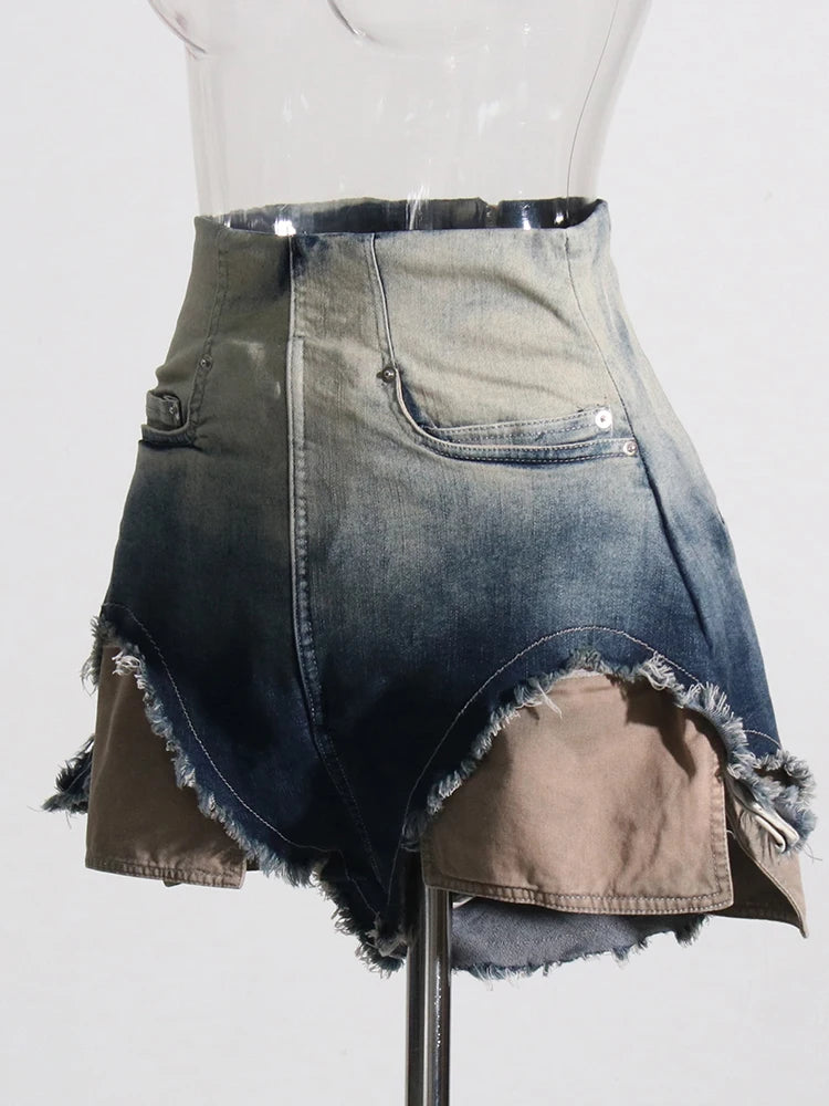 Y2K Ombre Denim Shorts For Women High Waist Irregular Raw Hem Patchwork Zipper Short Trousers Female Summer Fashion Clothing
