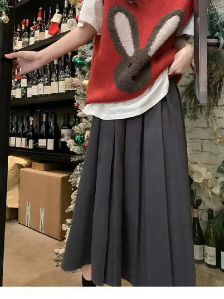 French Vintage Elegant Black Festival Woolen Long Skirt Women Autumn Winter Grey High Waist Ladies Pleated A-line Half Skirt New