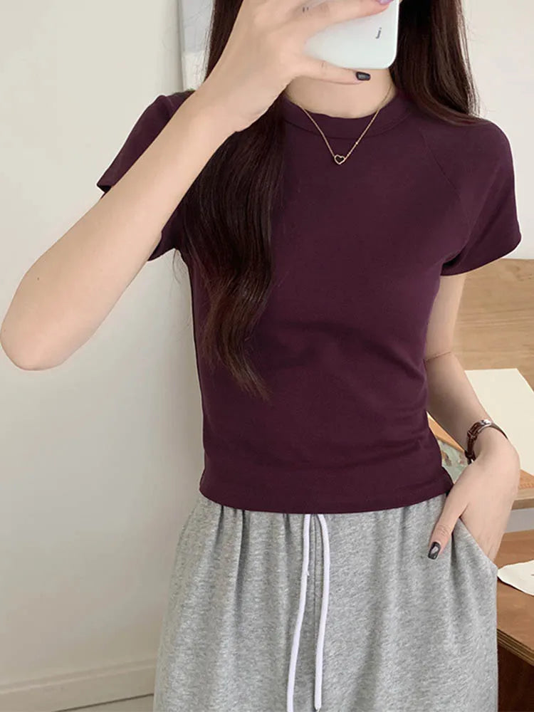 Sexy O Neck Slim T Shirt Women Cotton Elastic Basic Solid Female Casual Korean Tops Short Sleeve Thin T-shirts
