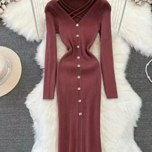 Load image into Gallery viewer, Black Single Breasted Dresses Ladies 2023 Autumm Winter Korean Style Beige Sweater Knitted Office Lady Elegant Red Dress Fashion
