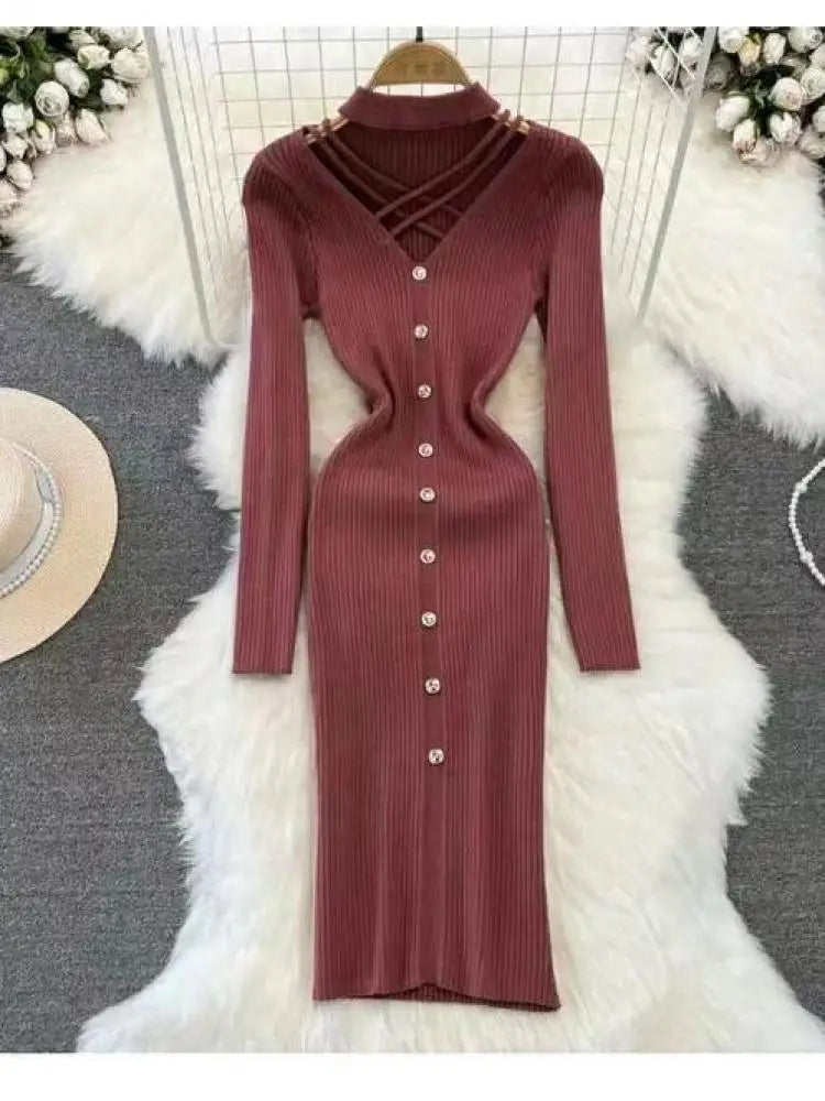 Black Single Breasted Dresses Ladies 2023 Autumm Winter Korean Style Beige Sweater Knitted Office Lady Elegant Red Dress Fashion